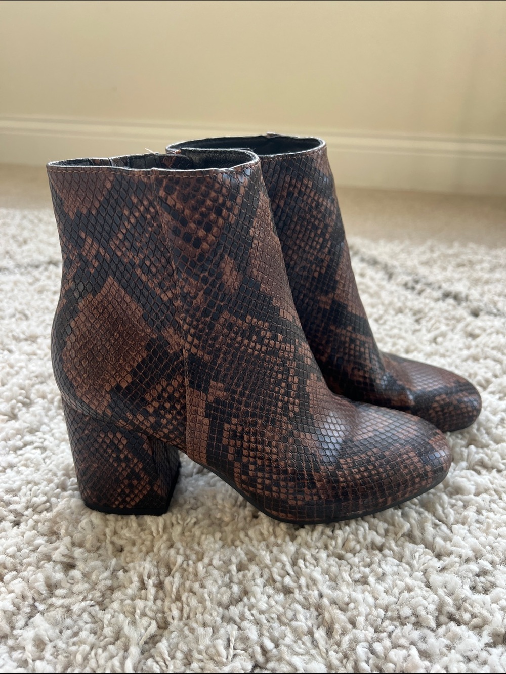 NEW! Women’s Brown Snake-Print Block Heel Ankle Boots